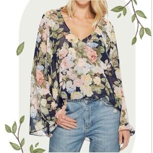 Show Me Your Mumu Floral Navy Boho Semi-Sheer Blouse with Bell Sleeves- Size XS